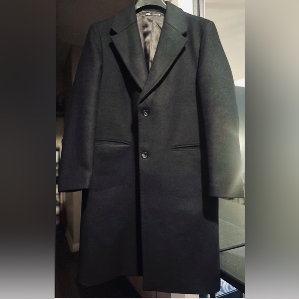 ZARA Women’s L Black Long Coat Removable Faux Fur Collar Wool Blend Classic